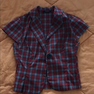 Plaid Short Sleeve Blouse - Red and Blue